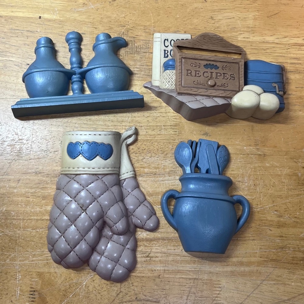 Vtg 1987 Burwood Products Co Kitchen Wall Decor Set 4pc Blue Country Farmhouse